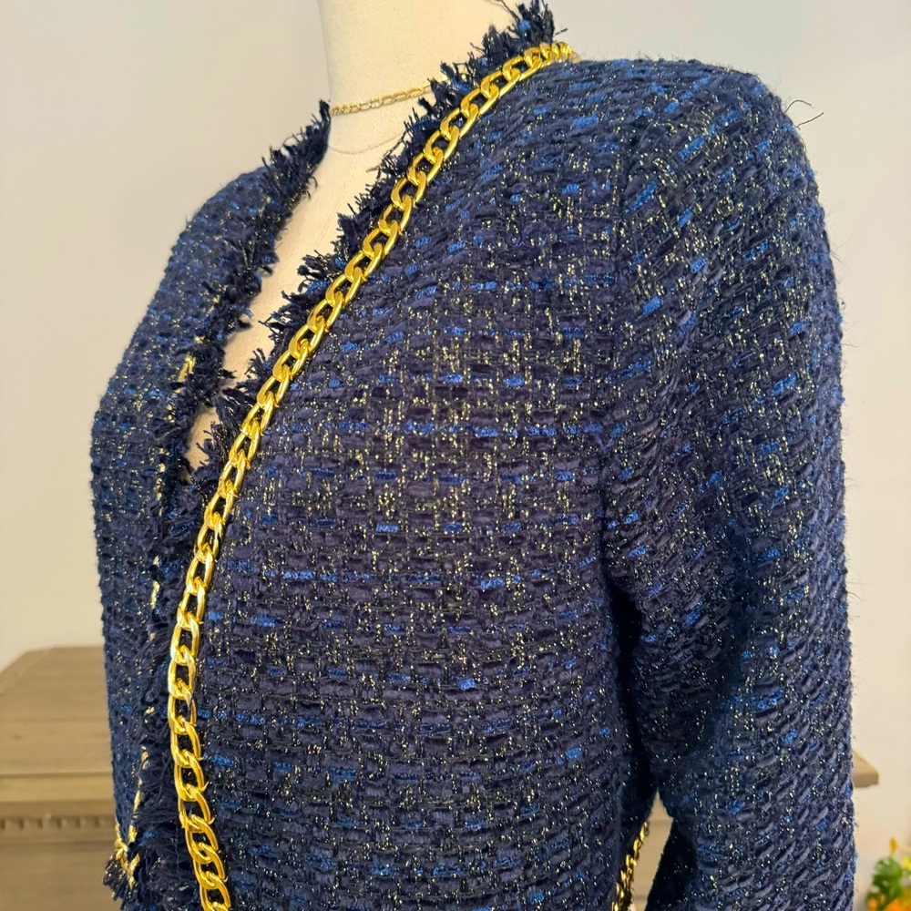 NWOT Christian Lacroix Navy and Gold Metallic Tweed Cropped Blazer | Small - Picture 9 of 13